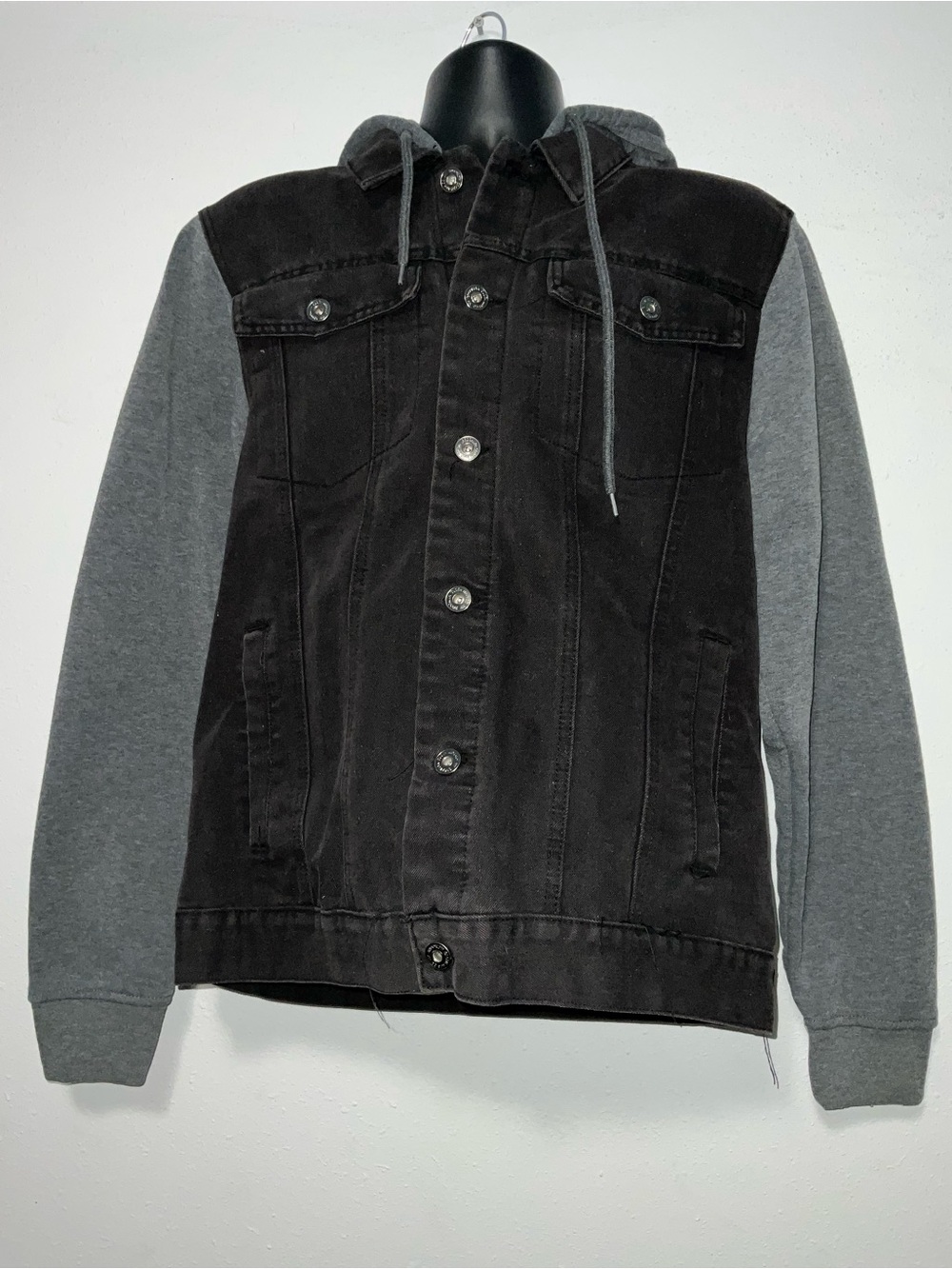 Brooklyn Cloth Black Denim Jacket with Gray Hoodie Sleeves